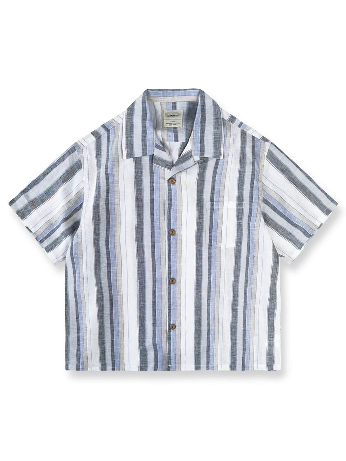 レトロストライプ柄のリネン半袖キューバシャツ。