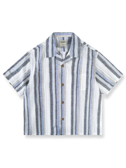 レトロストライプ柄のリネン半袖キューバシャツ。