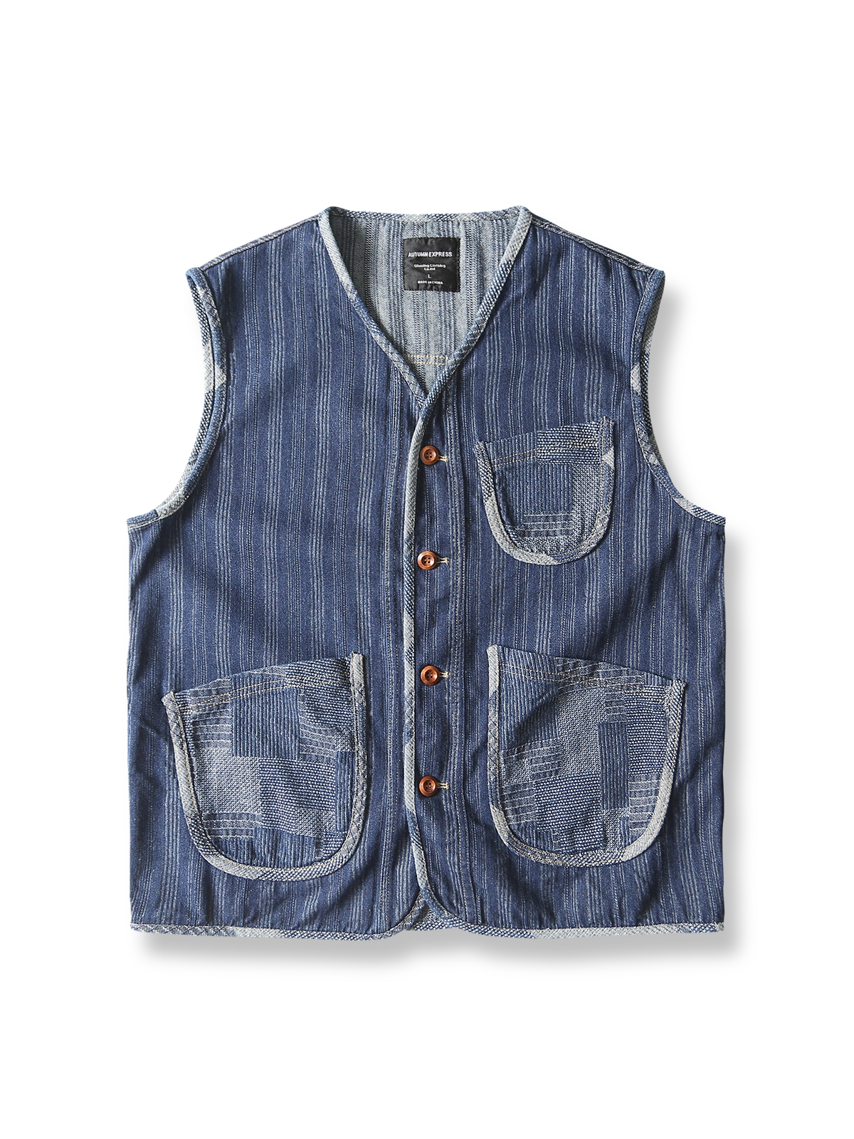 ストライプ柄生地とパッチポケットが特徴のデニムワークベスト