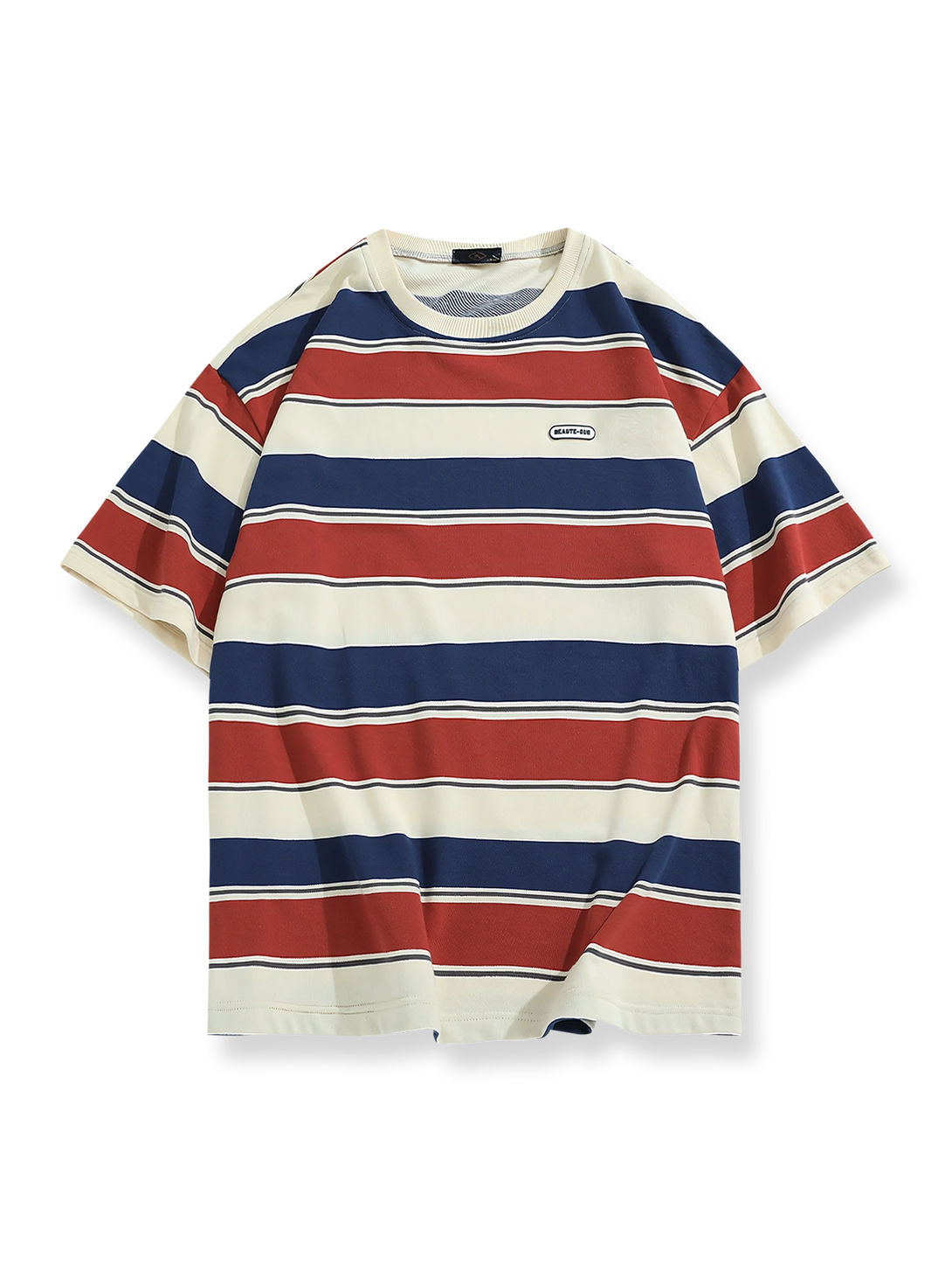 赤・青・白のストライプが映えるクルーネック半袖Tシャツの前面が見える商品画像