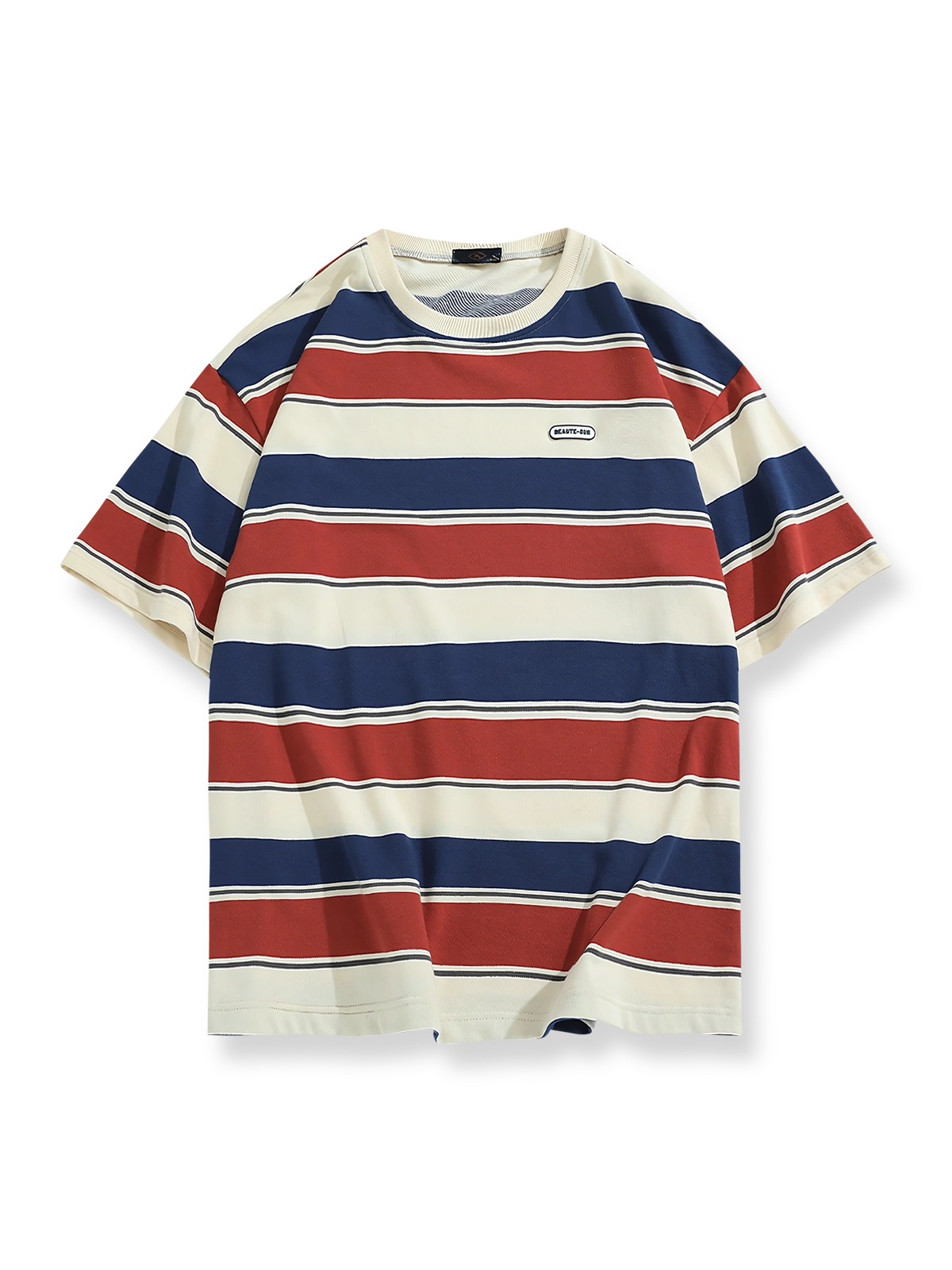 赤・青・白のストライプが映えるクルーネック半袖Tシャツの前面が見える商品画像