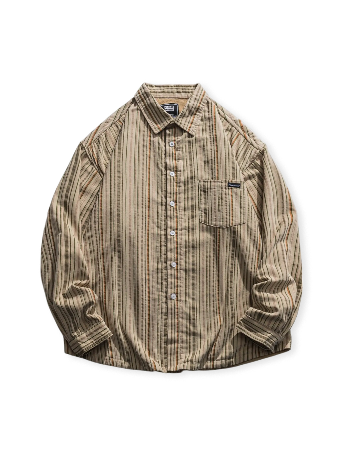 懐かしいストライプ柄と柔らかなフリース裏地付きの暖かいシャツ。ルーズフィットとドロップショルダー仕様。