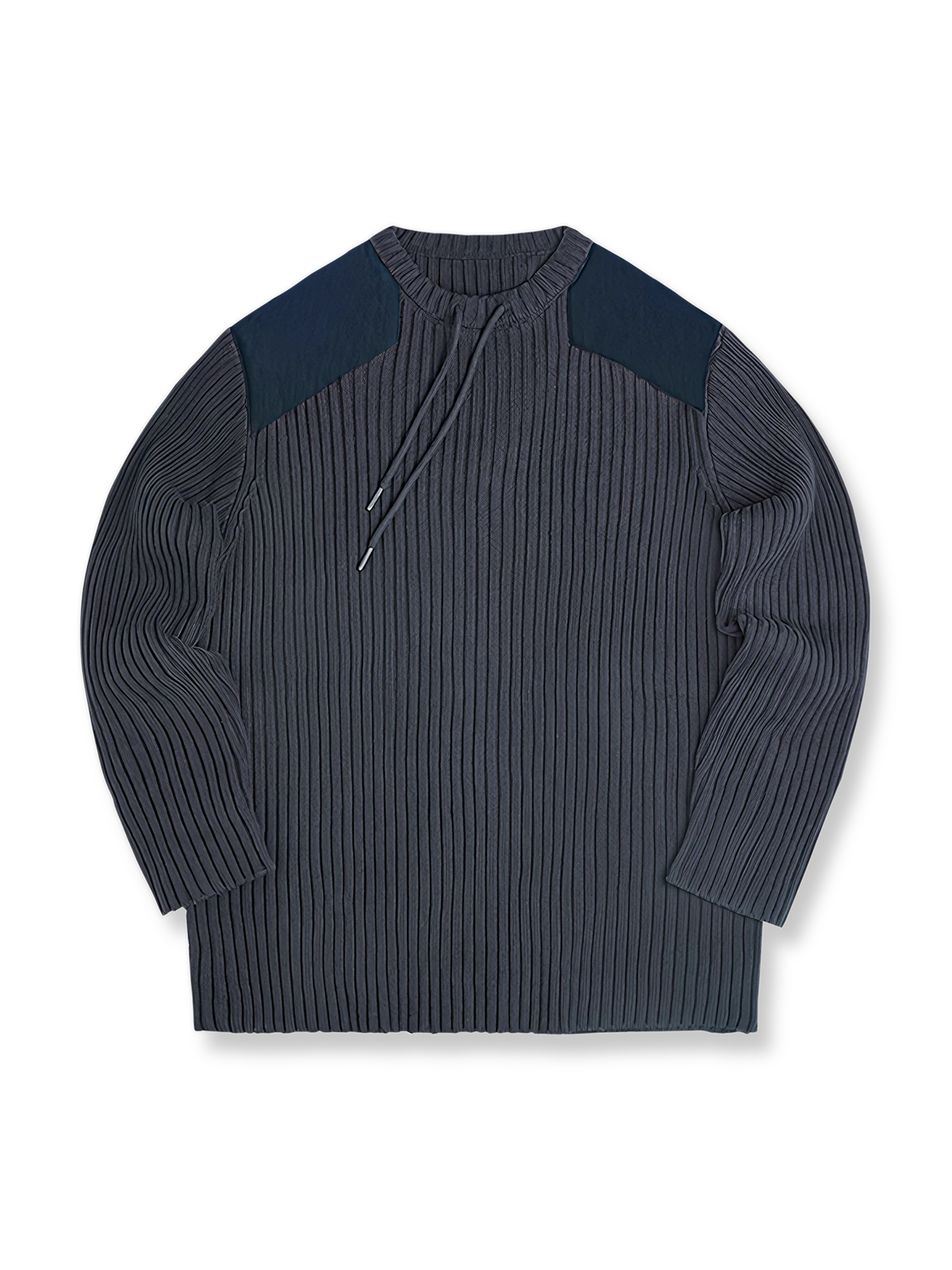 ストライプ切替とドローコード付き丸首デザインの英国ネイビースタイルセーター