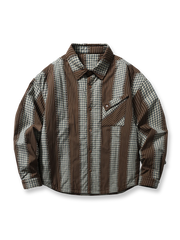 ストライプとパッチワークが融合した中綿入り長袖シャツ