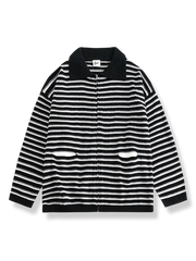 黒と白のストライプ柄ポロカラーカーディガン。