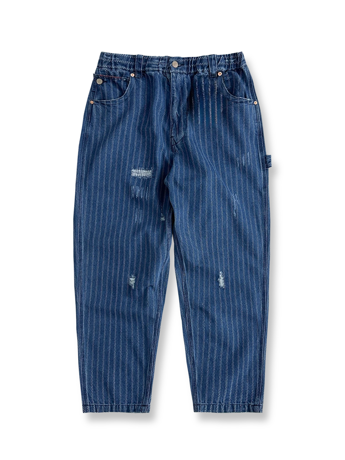 ストライプ柄と重ウォッシュ加工を施したワークウェア風デニムパンツ
