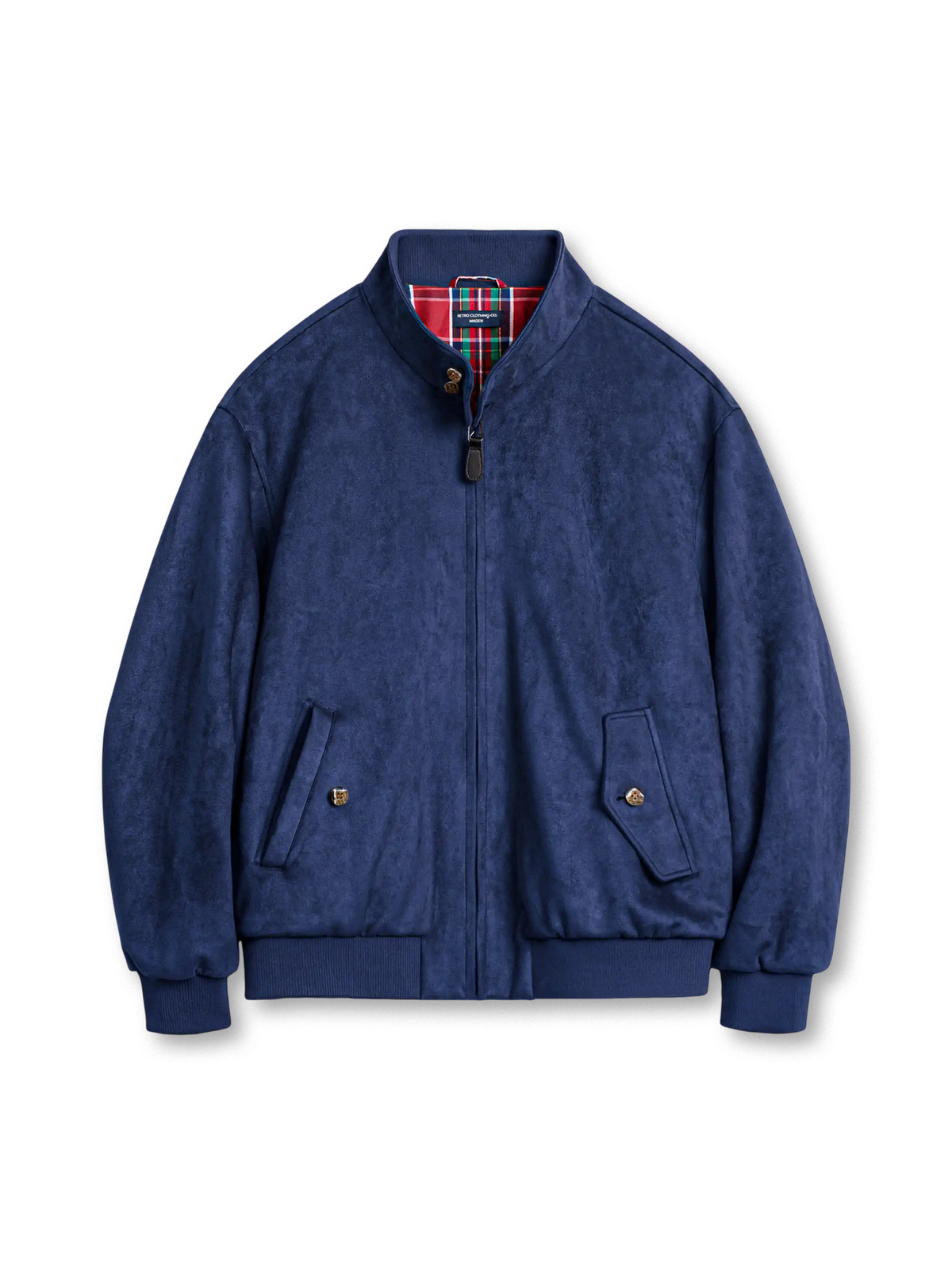 スエード調素材のハリントンG9ジャケット、立ち襟二段ボタン、タータンチェック裏地、フラップ付き斜めポケット、リブ裾と袖口