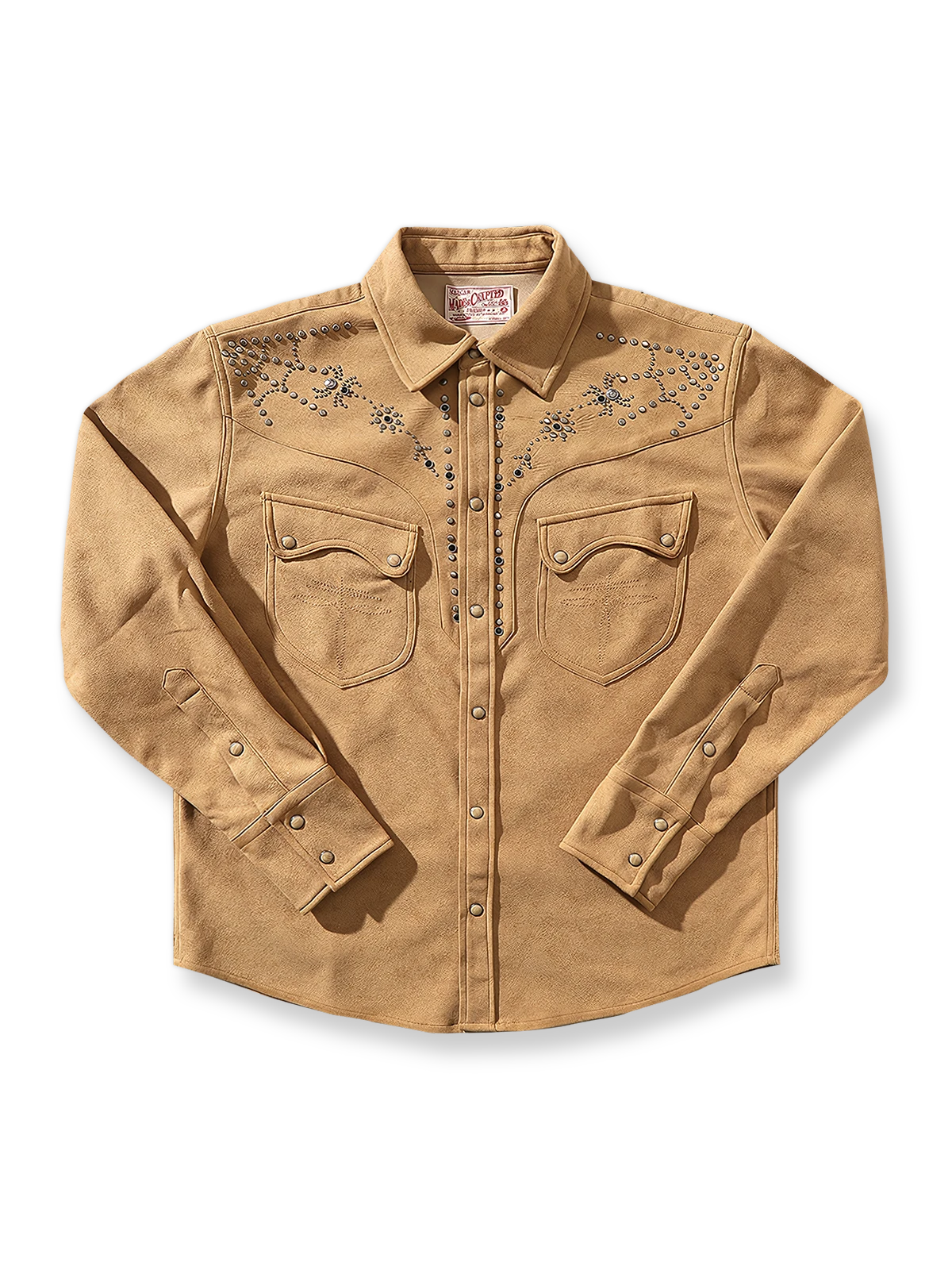 狼と蜘蛛の巣モチーフのビーズ装飾が特徴のスエード調ウエスタンシャツ。