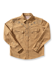 狼と蜘蛛の巣モチーフのビーズ装飾が特徴のスエード調ウエスタンシャツ。