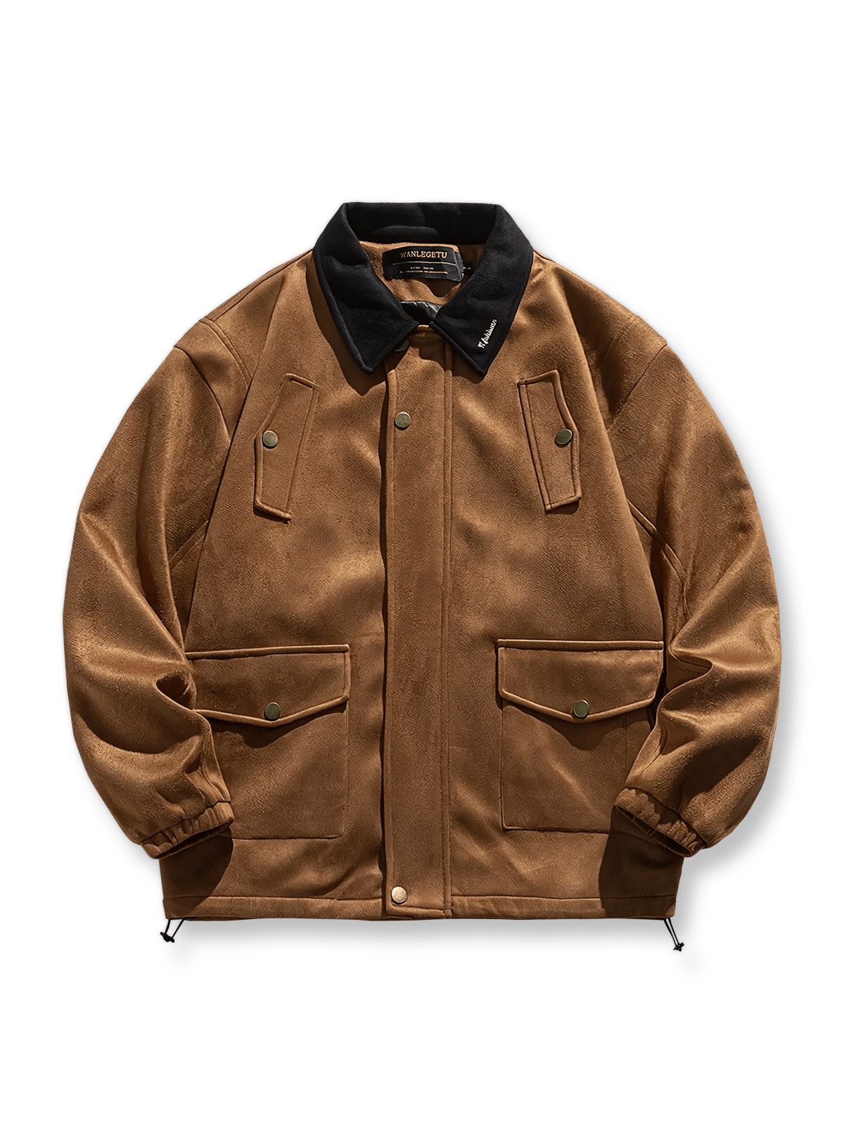 スエード調起毛ポリエステルとドローコードが特徴のハンティングジャケット。