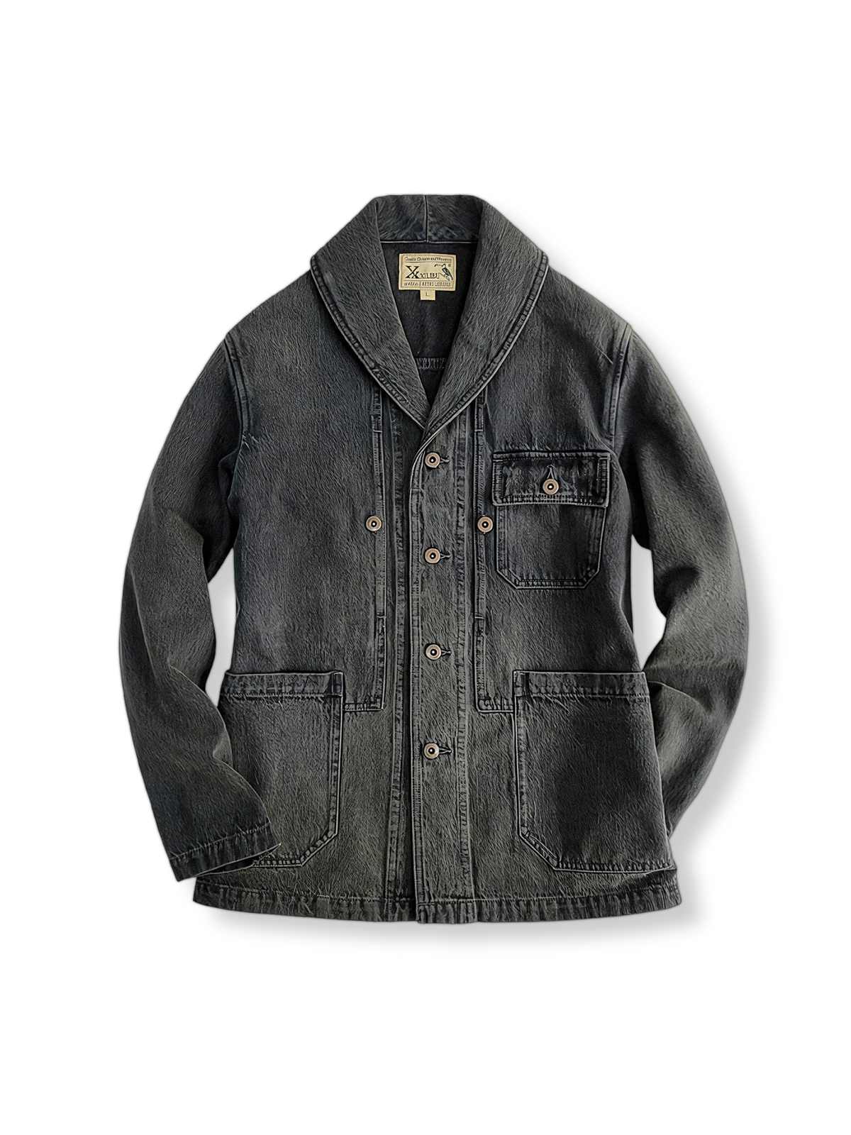 抜染と硫化染めによるブラックトーンが映える青果襟デニムワークジャケット