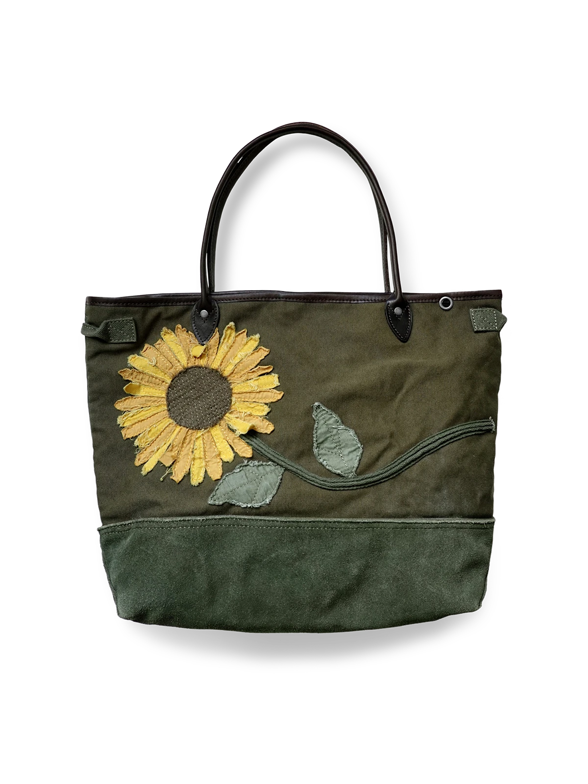 ひまわりウォッシュ加工キャンバストートバッグ、レトロヴィンテージデザイン、耐摩耗レザー底