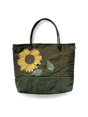 ひまわりウォッシュ加工キャンバストートバッグ、レトロヴィンテージデザイン、耐摩耗レザー底