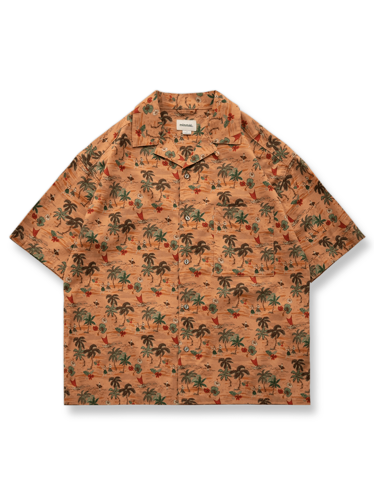 日本産40番手高密度コットン素材のサンセットビーチプリント半袖シャツ