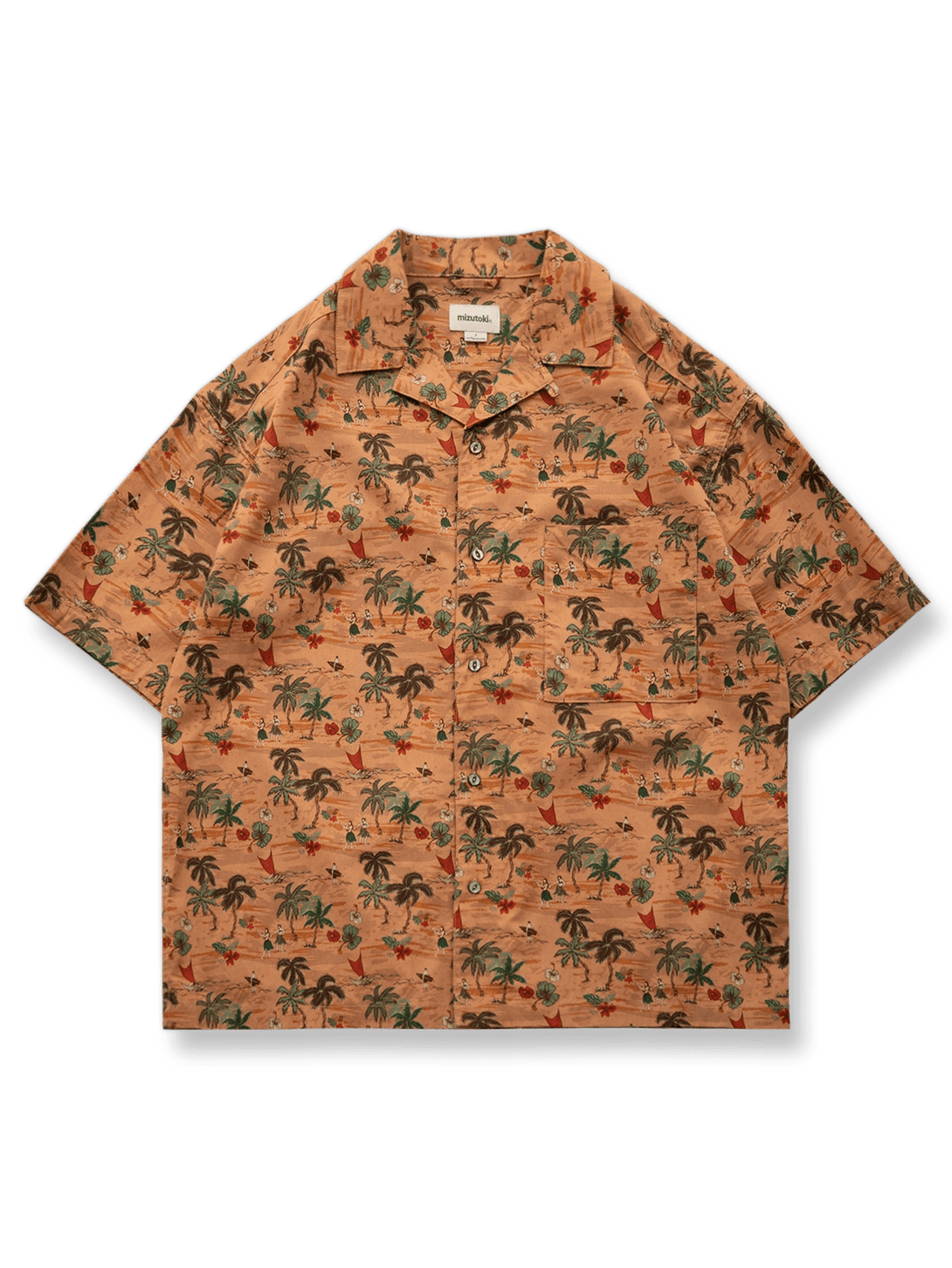 日本産40番手高密度コットン素材のサンセットビーチプリント半袖シャツ