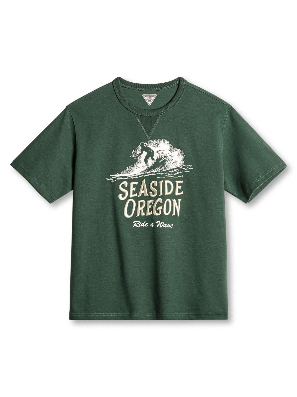 「Seaside Oregon Ride a Wave」刺繍とプリントが映えるサーフTシャツ