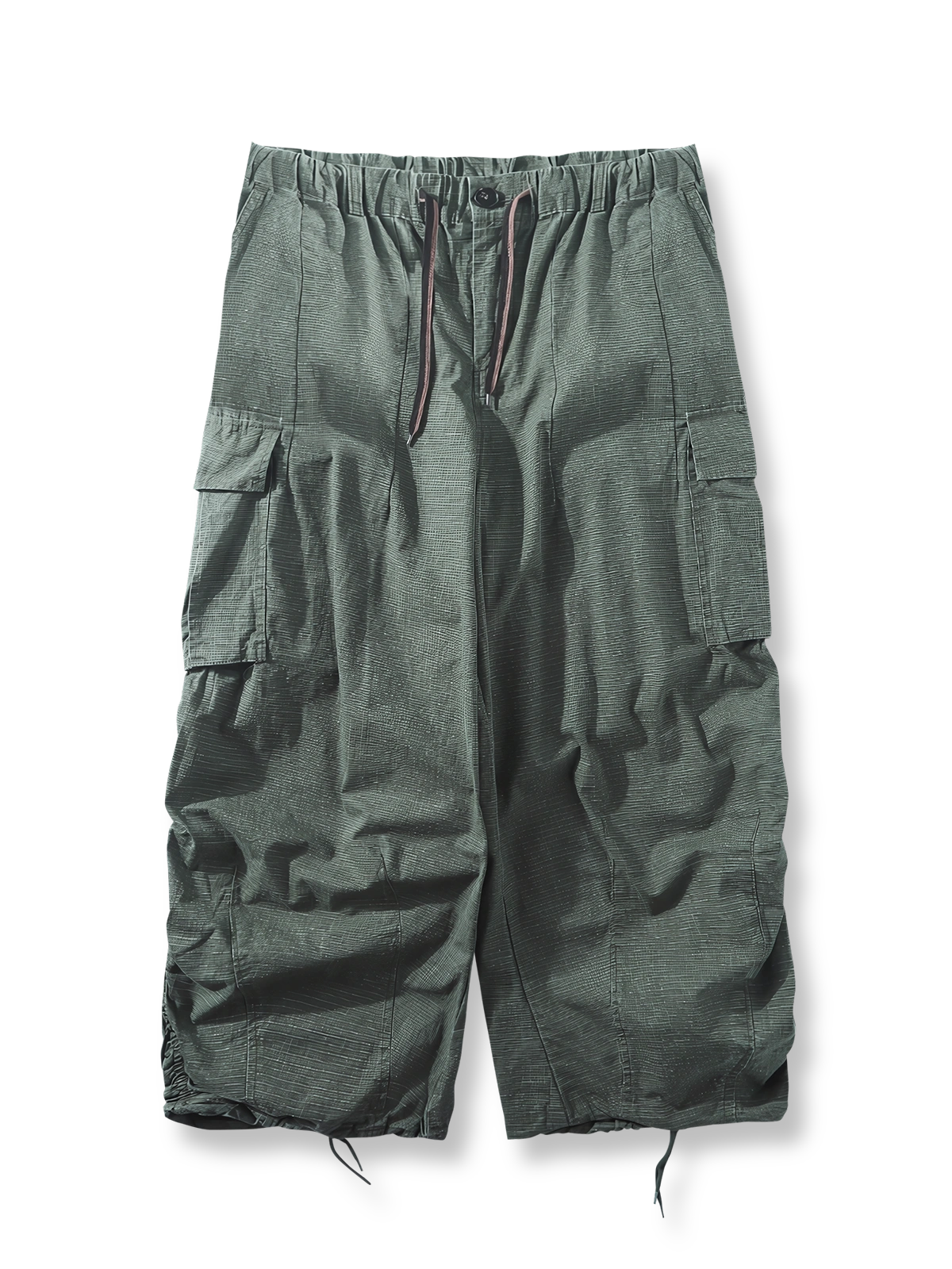 グリッドテクスチャー生地と大型カーゴポケット、シャーリングデザインが特徴のタクティカルアウトドアパラトルーパーパンツの全体像。