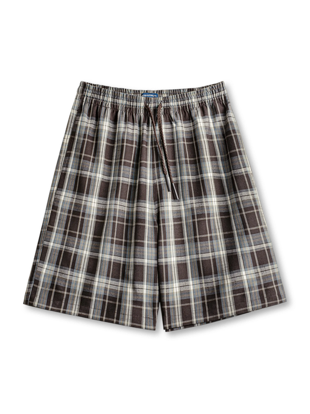 歴史あるタータンチェック柄とドローストリングウエストが特徴の膝上丈ワイドショーツ