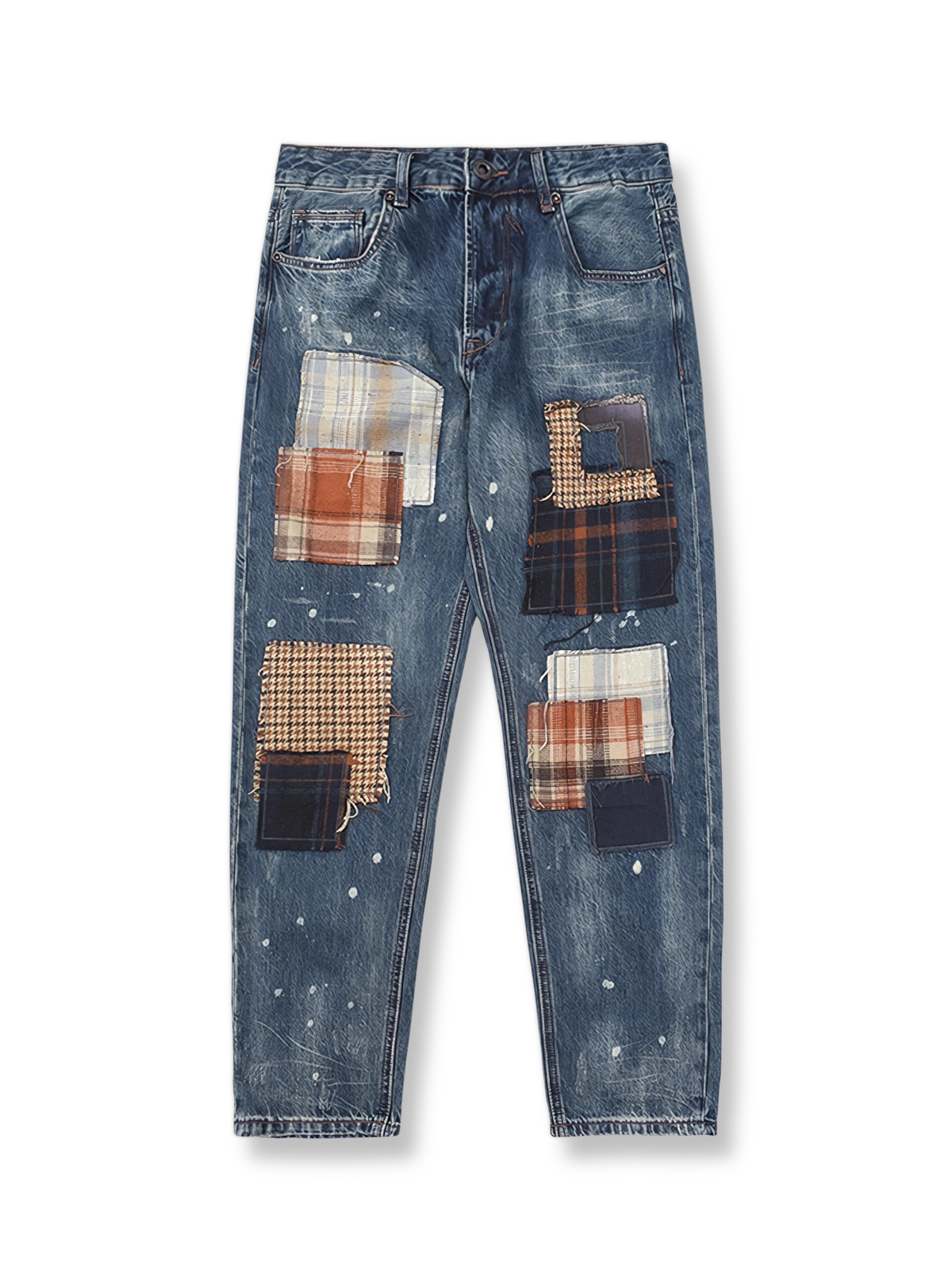 タータンパッチワークのストレートデニムパンツの製品イメージ