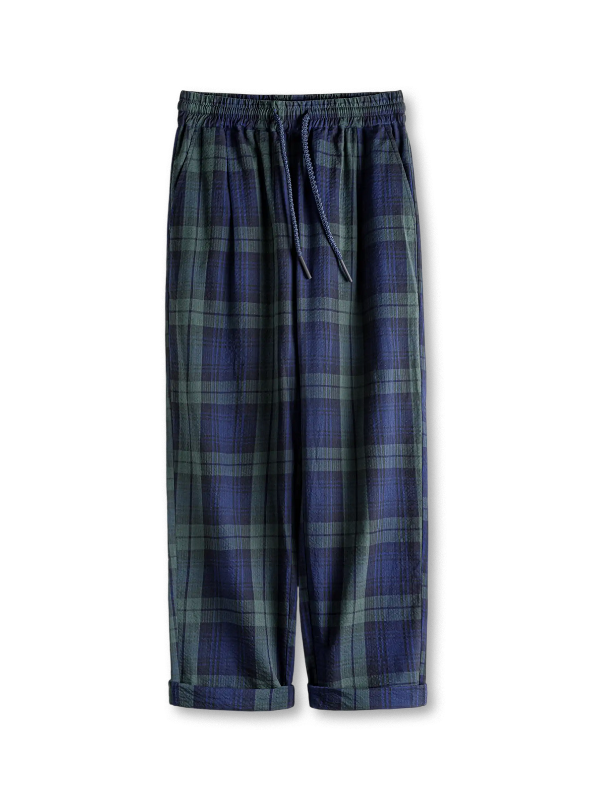 ブルーグリーン タータンチェック サッカー生地イージーパンツ