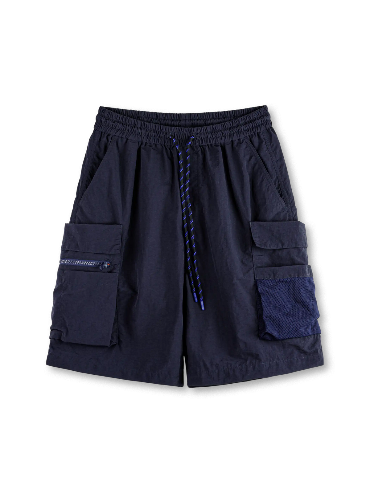 軽量タスロン素材の多ポケット5分丈ショーツ、収納性と速乾性が特徴のネイビーショーツ