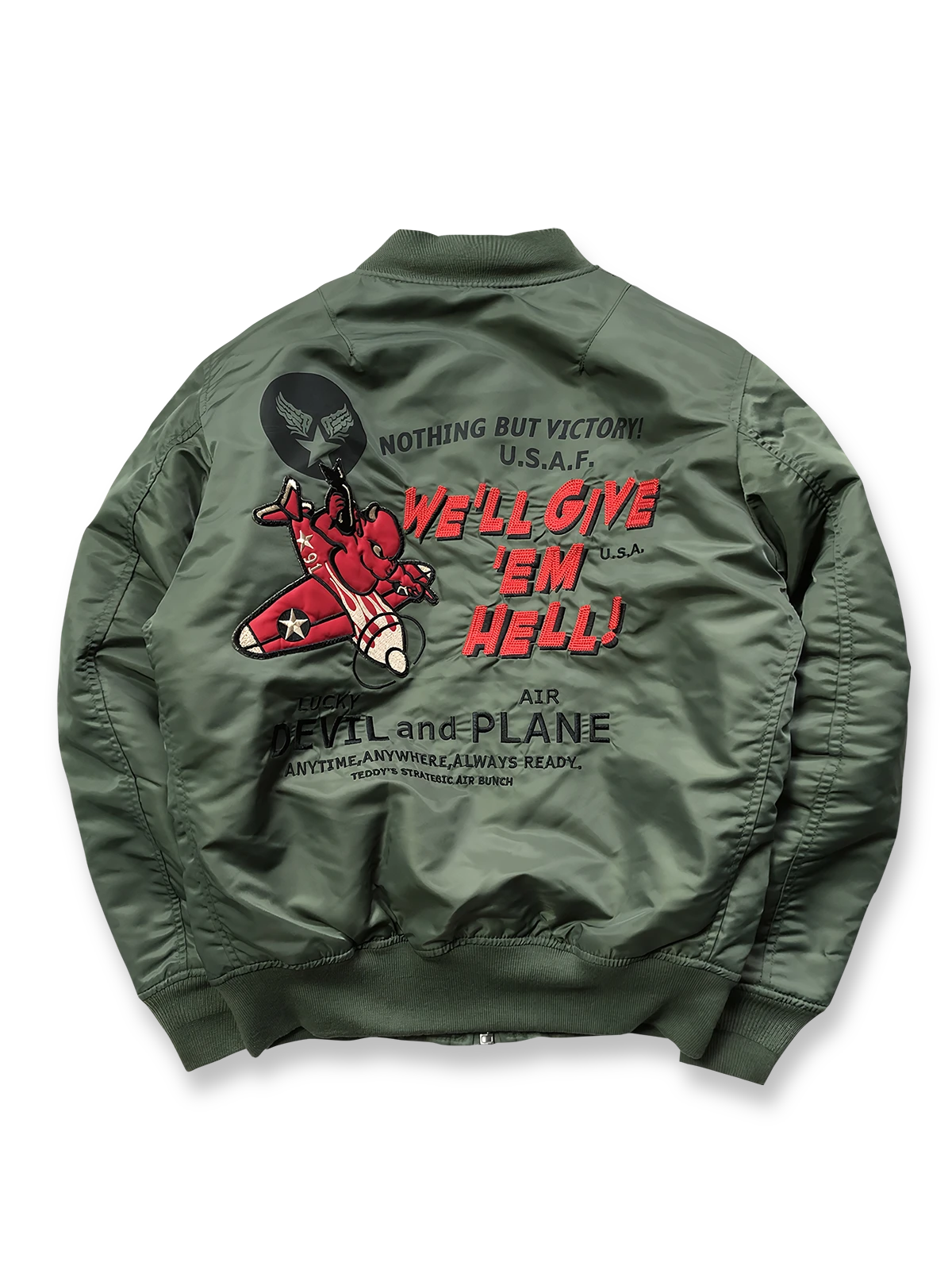 背面に「WE’LL GIVE ’EM HELL!」とテッドマン刺繍が入ったMA-1飛行ジャケット