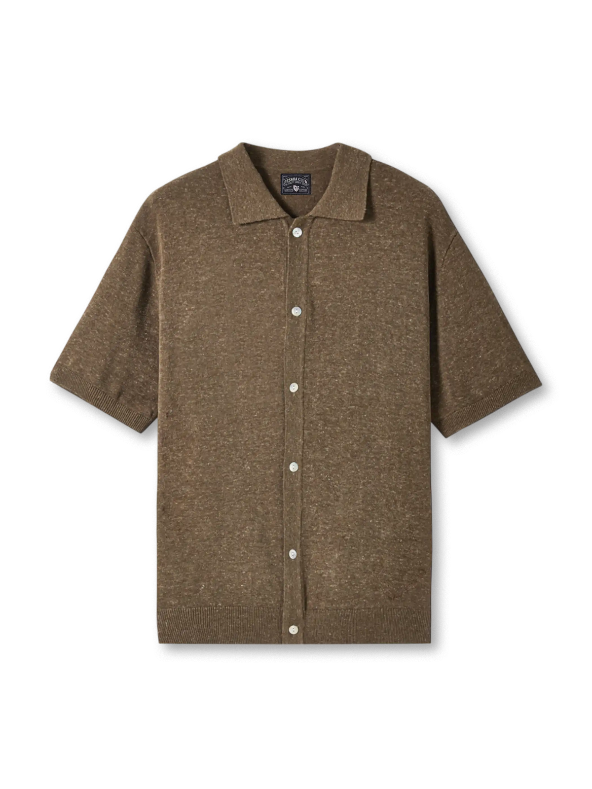 テンセルリネン混紡の横編みとカーディガン風ボタンフロントが映えるニットポロシャツ