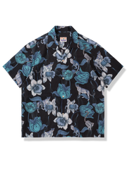 テンセル黒色キューバシャツ、ヒョウとワオキツネザル柄、ルーズフィット、細密縫製素材