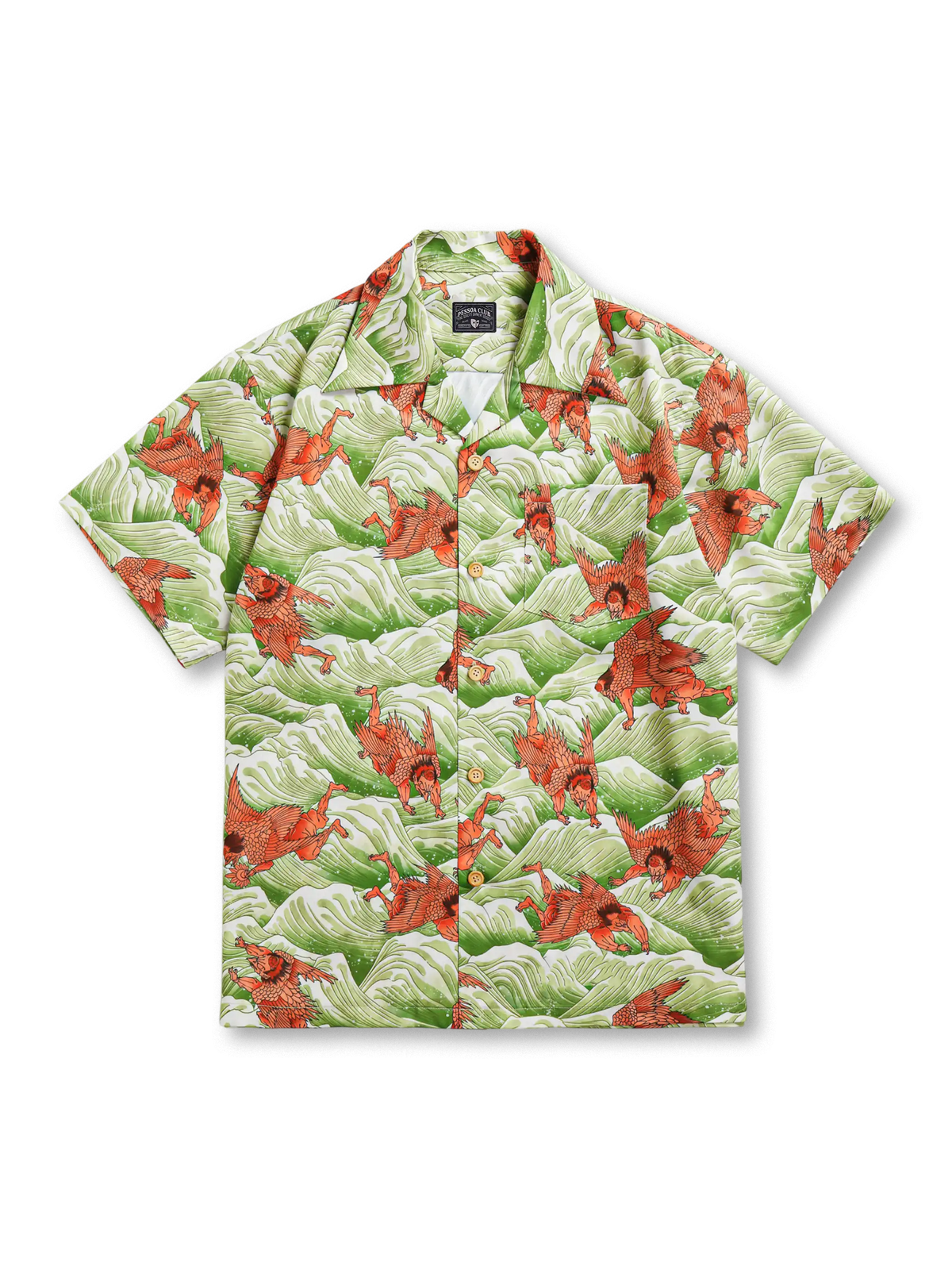 浮世絵「讃岐院派眷属救為朝図」の天狗救助シーンを大胆にプリントしたTENCEL®製アロハシャツ。