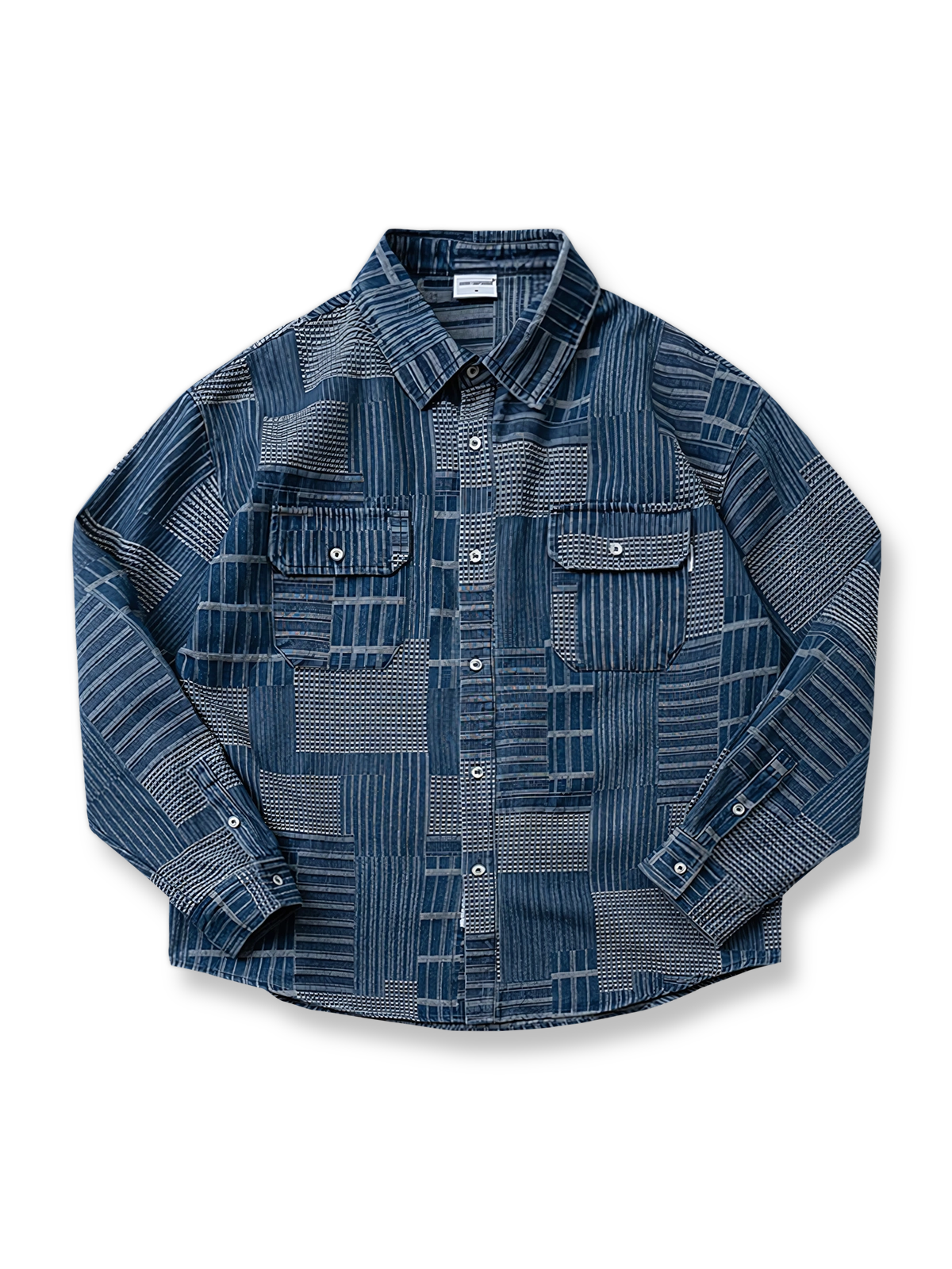 不規則パッチワークのヴィンテージ風デニムシャツ