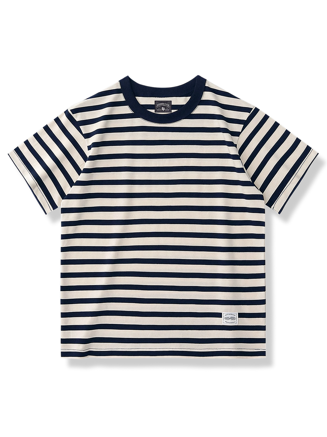 レトロ配色の細ストライプが映えるコットンTシャツ。