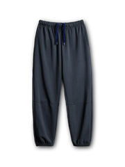 膝の立体ダーツとジョガー仕様の裾で快適さと脚長効果を備えた、蚀毛加工素材使用のアメリカンルーズシルエットジョガースウェットパンツ。