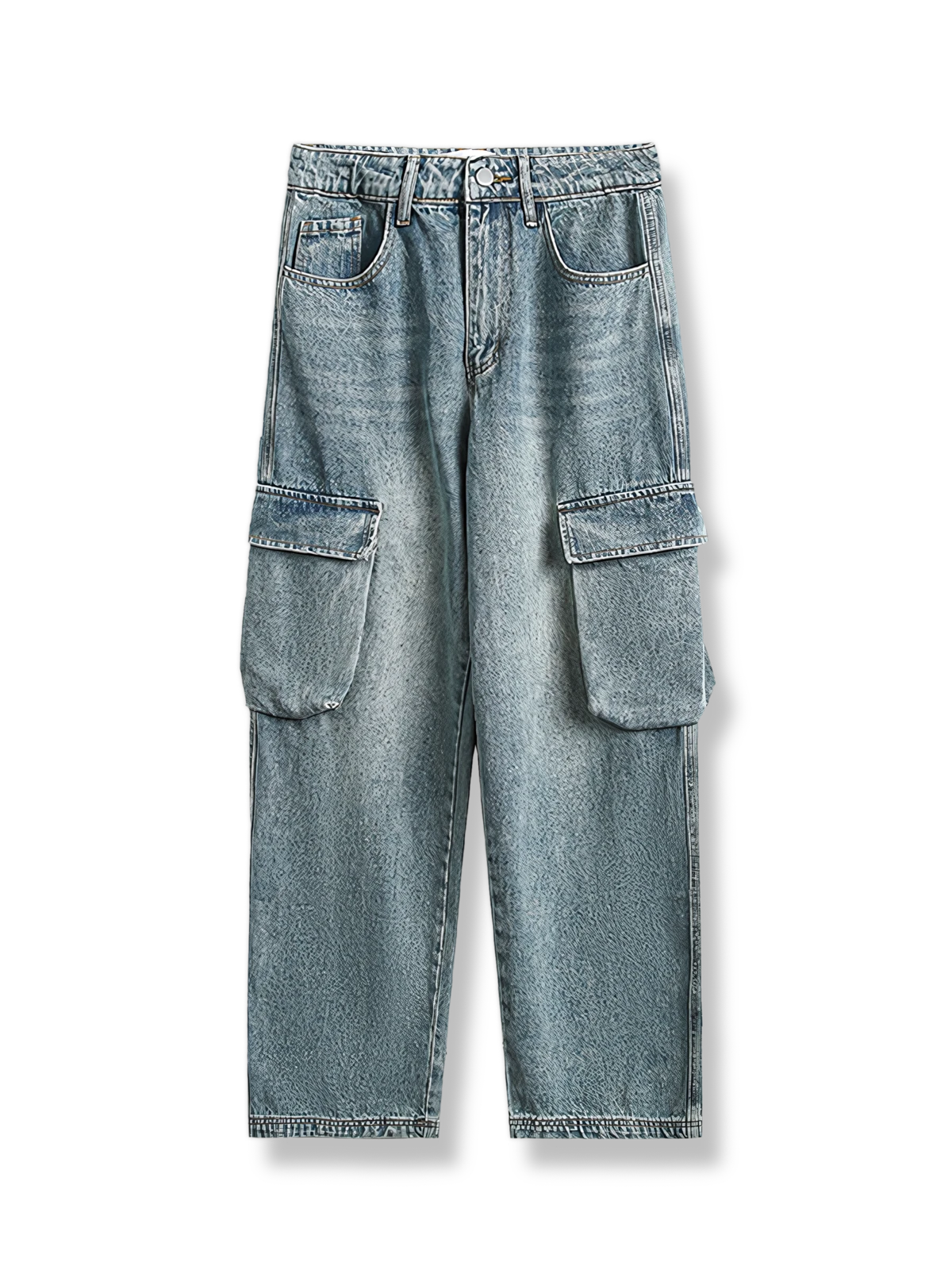 立体ポケットとウォッシュ加工が特徴のストレートデニムパンツ。