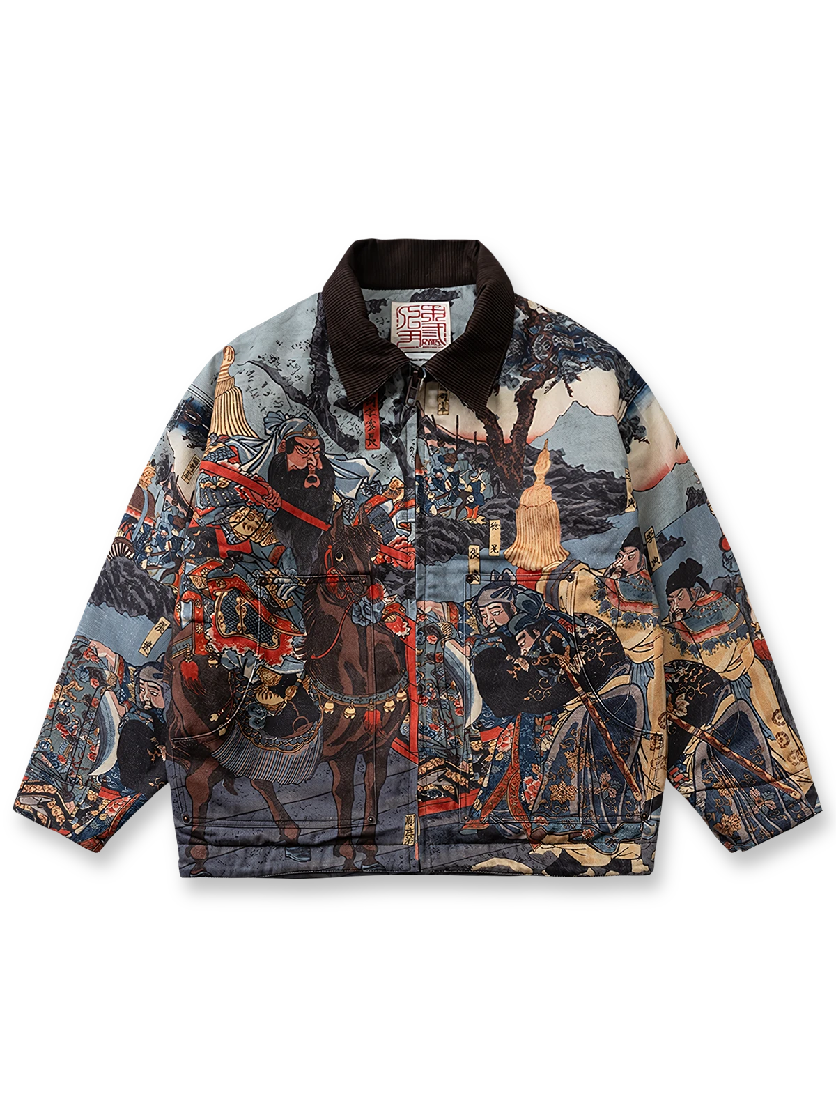 関羽のプリントが特徴の中綿ジャケット。