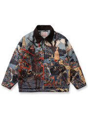 関羽のプリントが特徴の中綿ジャケット。