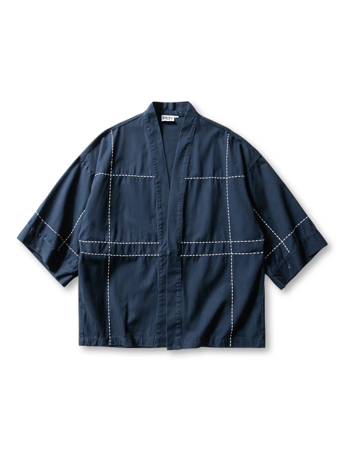 刺し子生地使用の水洗い加工七分袖はんてん。濃紺とカーキのカラーブロックデザイン。