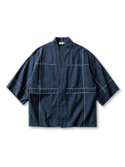 刺し子生地使用の水洗い加工七分袖はんてん。濃紺とカーキのカラーブロックデザイン。