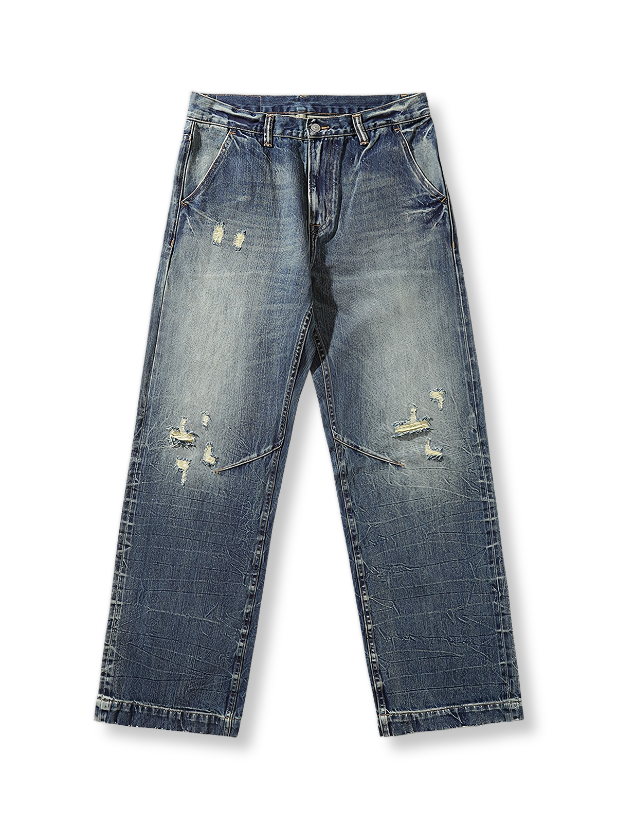 タイダイ染めとダメージ加工が施されたハイウエストワイドレッグ赤耳デニムパンツ