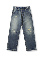 タイダイ染めとダメージ加工が施されたハイウエストワイドレッグ赤耳デニムパンツ