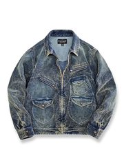 タイダイとヴィンテージ加工が特徴の多ポケットコットンワークジャケット。真鍮ジッパーとアンティーク調ボタン付き。