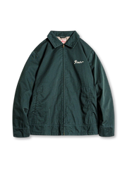 ダークグリーンのコットン製コーチジャケット、胸に虎頭モチーフの刺繍、フロントジップ仕様