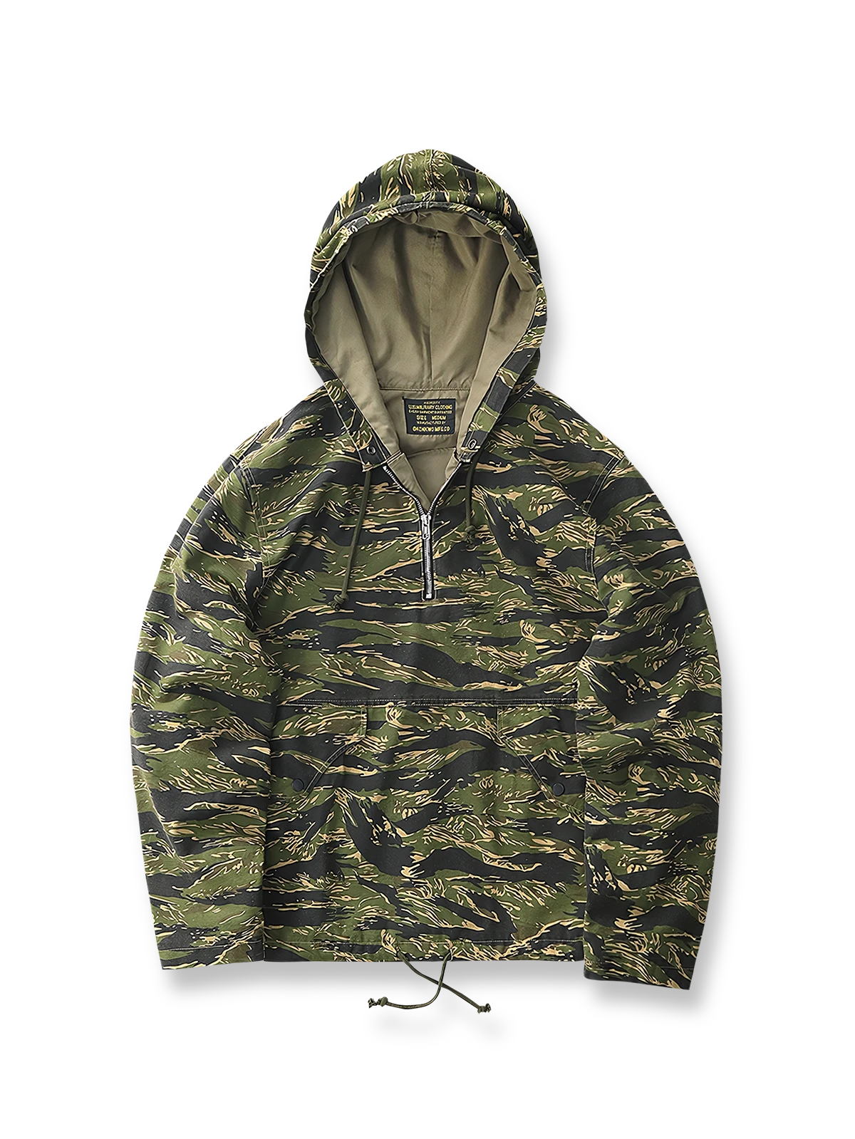 虎柄迷彩のフード付きハーフジップアウトドアワークジャケット。