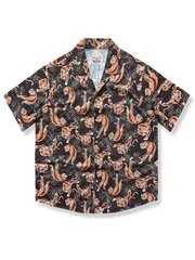 黒地にトラ柄が際立つルーズフィット混紡素材ドロップショルダー半袖アロハシャツ