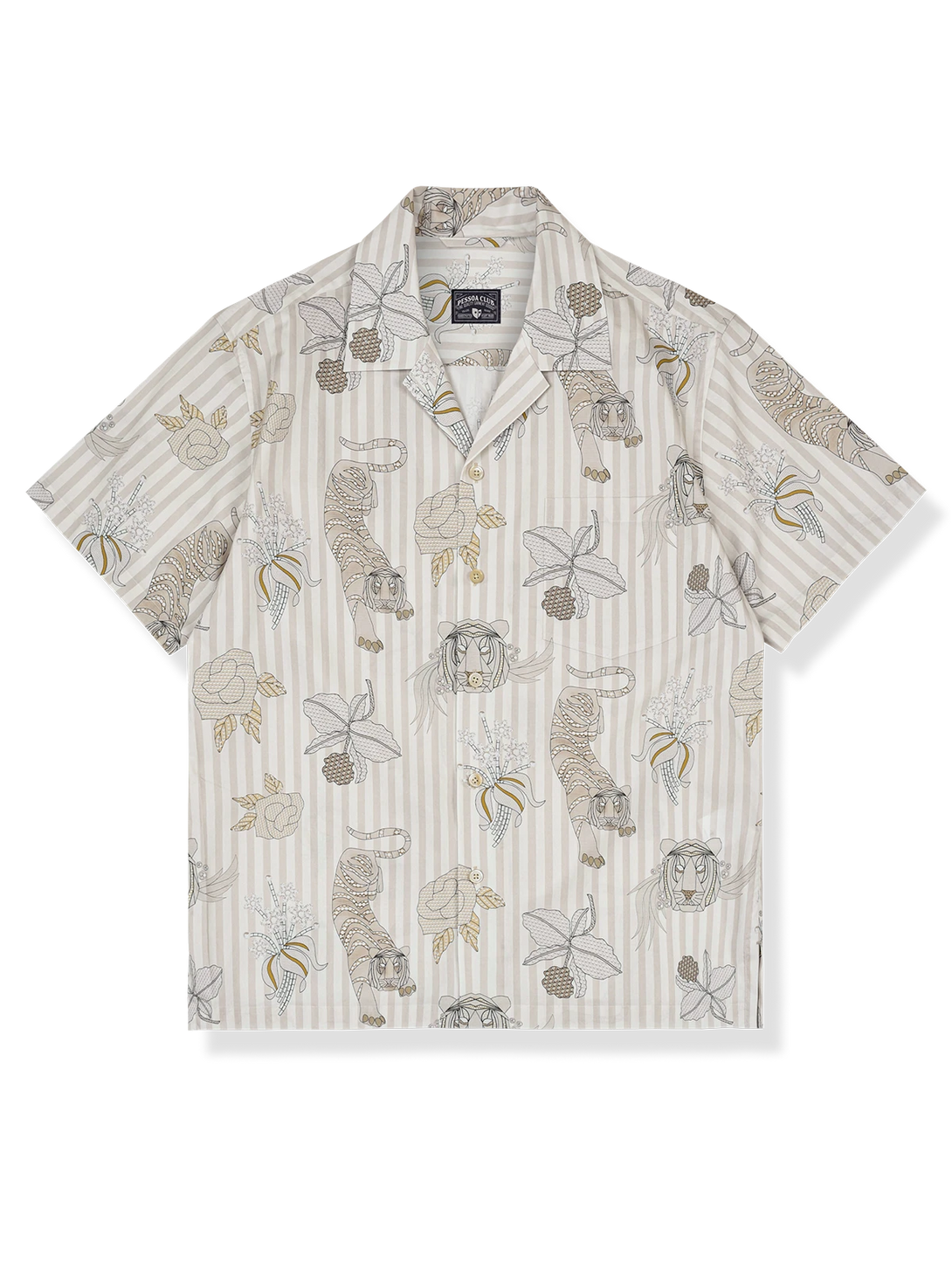 トラ柄と植物のプリントが特徴のキューバカラー半袖シャツ、透湿性に優れた全綿素材使用、ルーズフィットシルエット