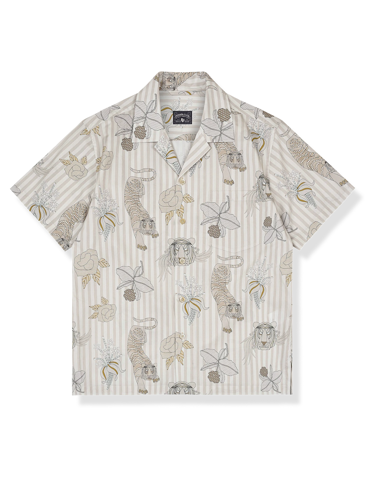 トラ柄と植物のプリントが特徴のキューバカラー半袖シャツ、透湿性に優れた全綿素材使用、ルーズフィットシルエット