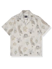 トラ柄と植物のプリントが特徴のキューバカラー半袖シャツ、透湿性に優れた全綿素材使用、ルーズフィットシルエット
