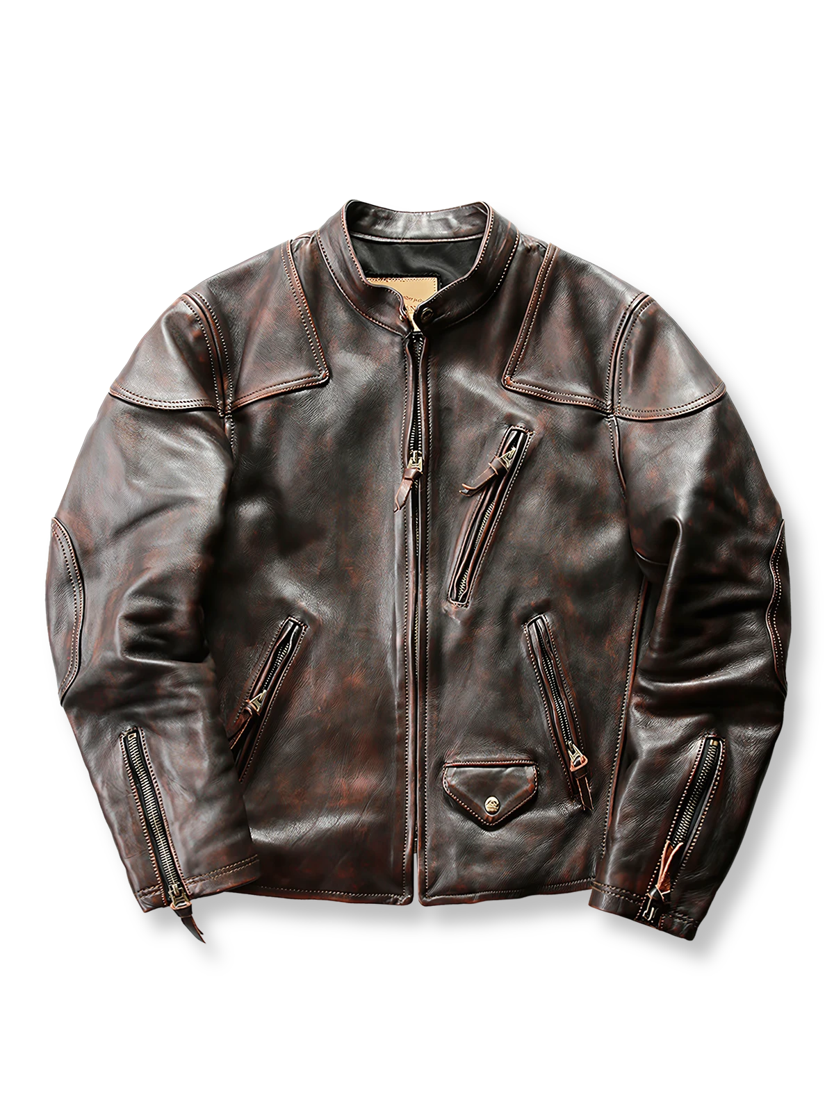 アメリカンモーターサイクル文化発祥の耐久性高いタフレザージャケット。ヴィンテージ加工とクラシックデザインが特徴。