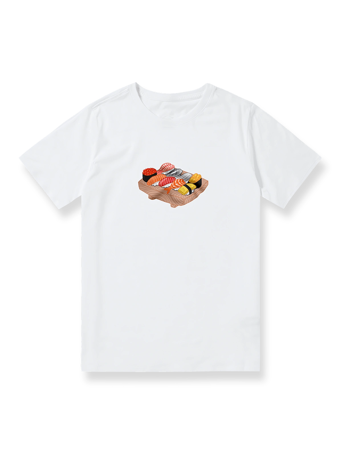 製品画像: サーモン寿司刺身プリントTシャツ全体