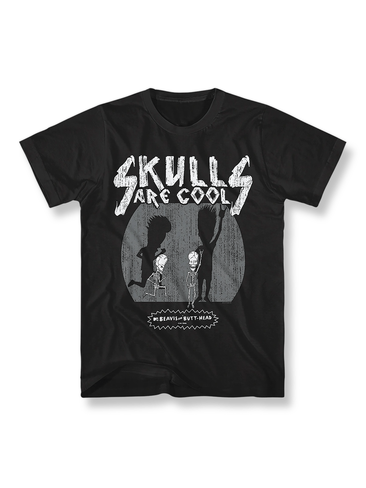 ビーバス・アンド・バットヘッド』カートゥーンプリントTシャツの正面画像、白黒デザイン