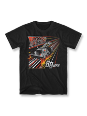 『バック・トゥ・ザ・フューチャー』カートゥーンプリントTシャツの正面画像、デロリアン車と「88 MPH」のスローガン